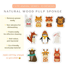 Load image into Gallery viewer, Set of natural wood pulp sponges with animal designs on a white background