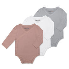 Load image into Gallery viewer, 3 kimono wrap style long sleeve onesies for babies in grey, white and pink.
